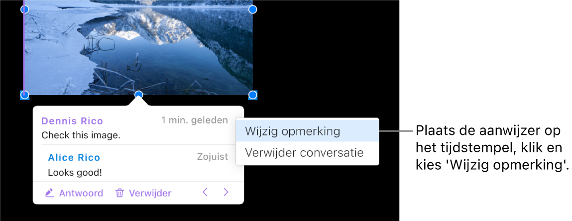 Een opmerking staat open, de cursor staat op het tijdstempel bovenaan en het pop‑upmenu toont twee opties: 'Wijzig opmerking' en 'Verwijder conversatie'.