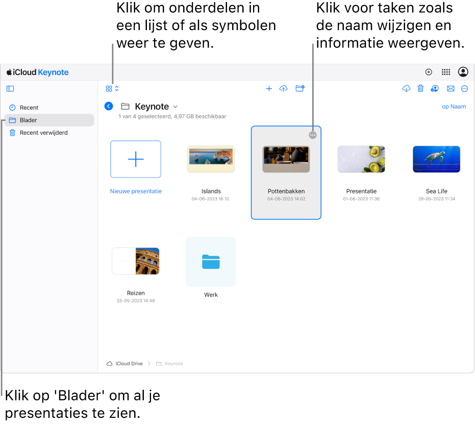 De documentmanager in de bladerweergave waarin Keynote-presentaties als symbolen in een raster worden weergegeven. De knop 'Meer' (drie stippen) is zichtbaar in de rechterbovenhoek van de geselecteerde presentatie. Boven de presentaties staat links in de knoppenbalk een pop‑upmenu waarin je kunt kiezen of je onderdelen als symbolen of in een lijst wilt weergeven. Rechts in de knoppenbalk staan knoppen voor downloaden, samenwerken, e‑mailen en verwijderen.