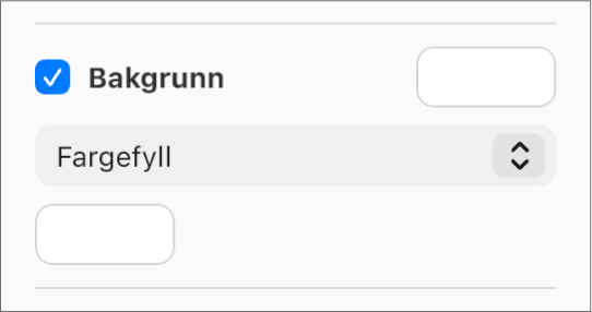 Det er krysset av i Bakgrunn-ruten i sidepanelet, og det forhåndsinnstilte fargefeltet til høyre for avkrysningsruten er fylt med hvit. Under avkrysningsruten er Fargefyll valgt i en lokalmeny, og under der igjen er feltet for tilpasset farge fylt med hvit.