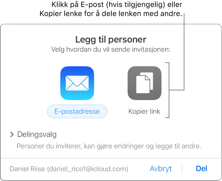 Vinduet som vises når du klikker på Samarbeid-knappen på verktøylinjen (før en presentasjon deles). Du kan bruke E-post- og Kopier lenke-knappene for å velge hvordan du vil dele presentasjonen.
