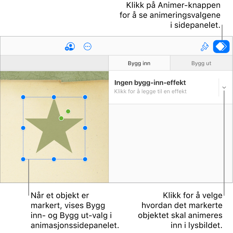 Et objekt er valgt på lerretet, Animer-knappen er valgt på verktøylinjen, og «Ingen bygg inn-effekt» vises på Bygg inn-lokalmenyen i sidepanelet.
