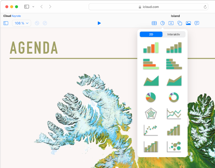 Objektknappene for Tabeller, Diagrammer, Tekst, Figurer og Bilde vises i verktøylinjen. Lokalmenyen Diagrammer er åpen, med knappene 2D og Interaktiv på toppen. 2D-knappen er markert, og en rekke miniatyrbilder for 2D-diagrammer vises som du kan velge i.