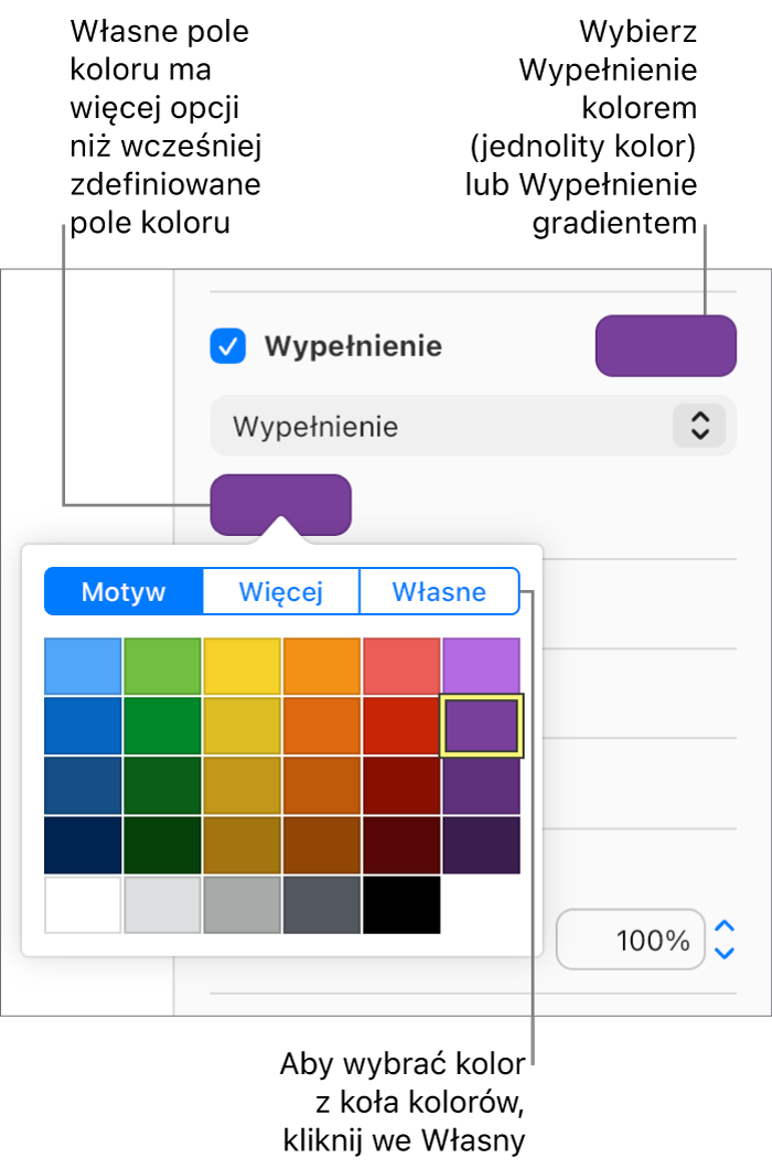 W menu podręcznym pod polem wyboru Wypełnienie jest wybrana opcja Wypełnienie kolorem, a pod menu podręcznym widoczne jest pole koloru z dodatkowymi opcjami wypełniania kolorem.