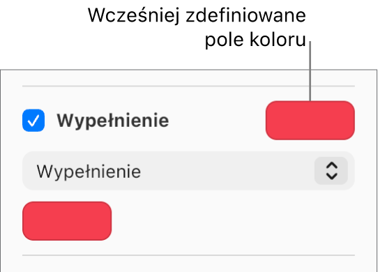 Pole wyboru Wypełnienie jest zaznaczone na pasku bocznym, a wstępnie ustawione pole koloru z prawej strony pola wyboru jest wypełnione kolorem purpurowym. W menu podręcznym pod polem wyboru wybrana jest opcja Wypełnienie kolorem.