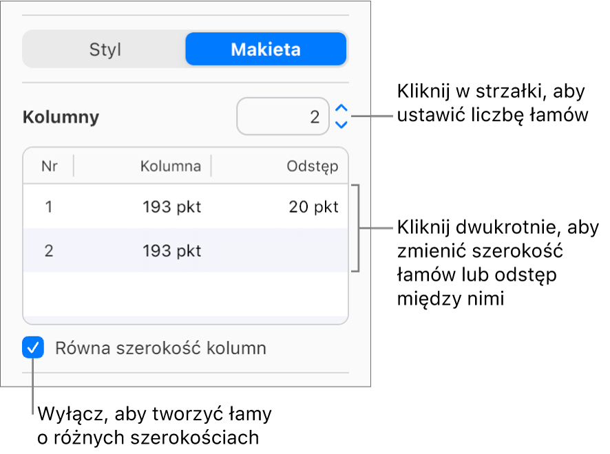 Narzędzia kolumny tekstowej w części Makieta paska bocznego Format.