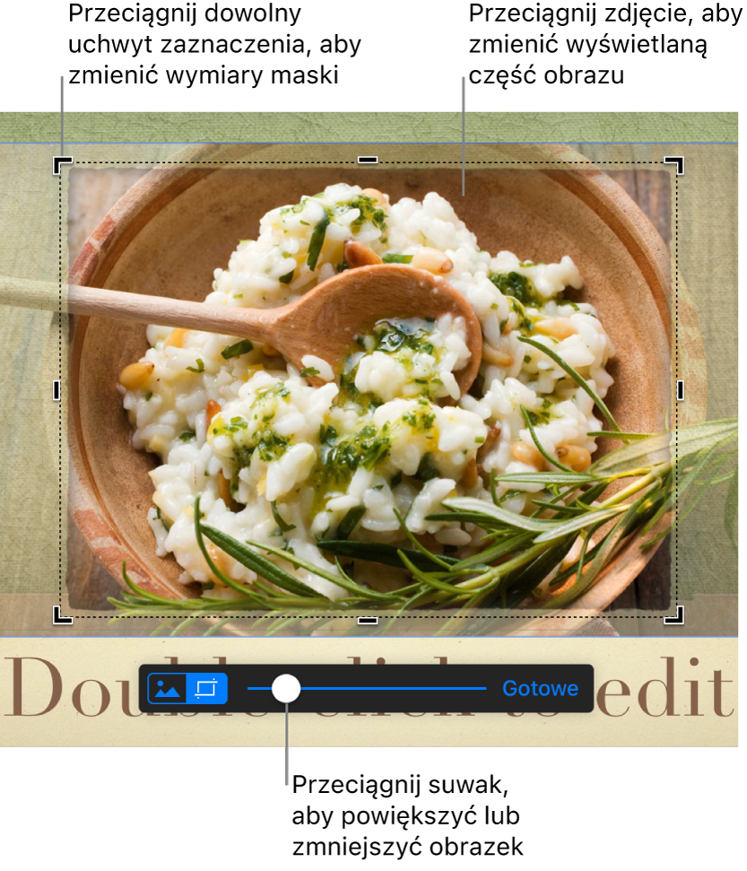 Wybrane zdjęcie z elementami sterującymi maskowaniem widocznymi u dołu. Dymki wskazują narożny uchwyt zaznaczania, granice obrazu i suwak na narzędziu maskowania.