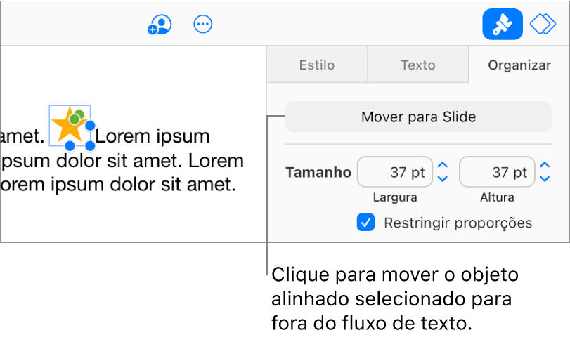 Uma imagem alinhada dentro de uma caixa de texto está selecionada e o botão “Mover para o Slide” está visível na aba Organizar na barra lateral.