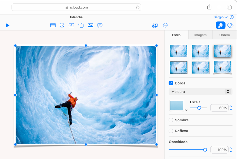 A imagem selecionada no diapositivo tem uma borda de moldura e o separador “Estilo” da barra lateral "Formatação” está aberto com “Moldura” selecionada no menu de bordas.