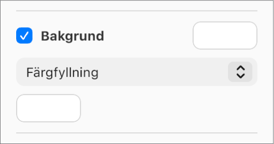 Kryssrutan Bakgrund är markerad i sidofältet och den förinställda färgkällan till höger om kryssrutan är fylld med vitt. Under kryssrutan är Färgfyllning valt i en popupmeny och därunder är den anpassade färgkällan fylld med vitt.
