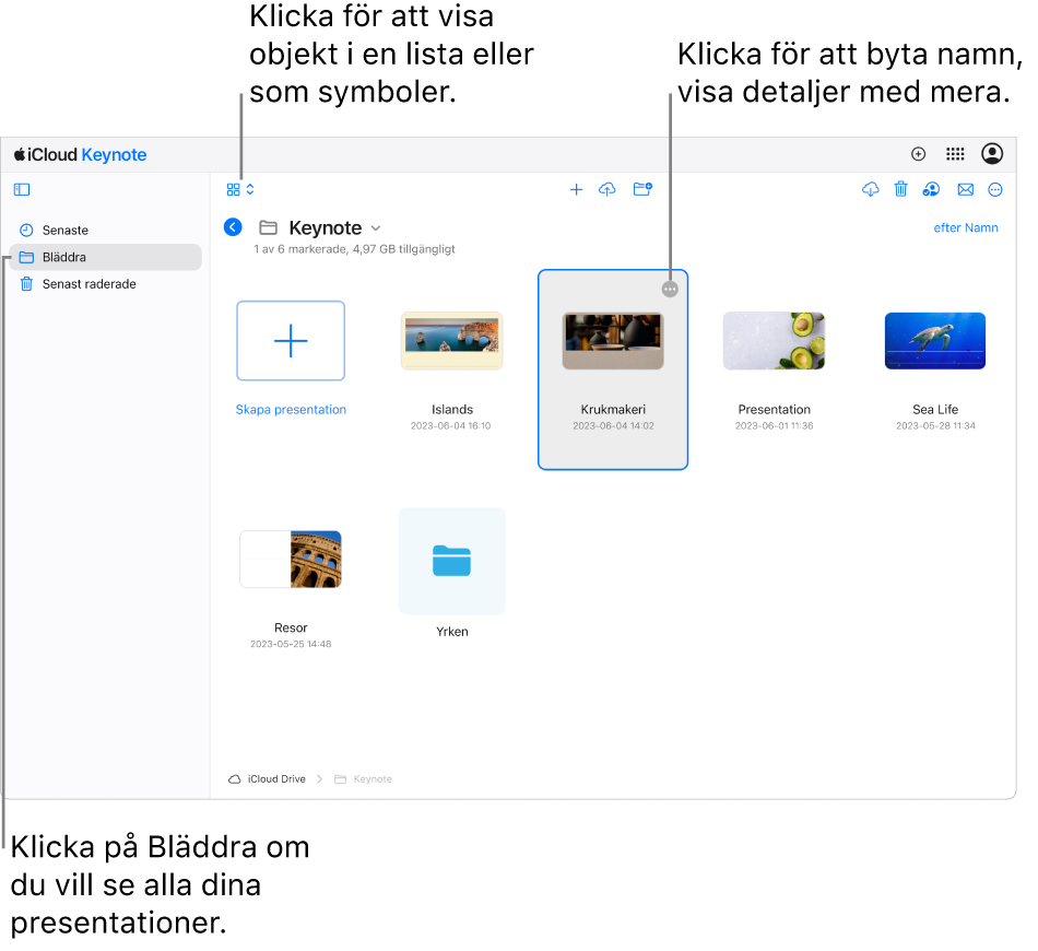 Dokumenthanteraren i bläddringsvyn, med Keynote-presentationer som symboler i ett rutnät. Knappen Mer (tre punkter) är synlig i det nedre högra hörnet av den valda presentationen. På vänstra sidan av verktygsfältet ovanför presentationerna finns en popupmeny där du kan välja att visa objekt som symboler eller i en lista. Till höger på verktygsfältet finns knappar för att hämta, samarbeta, skicka mejl och radera.