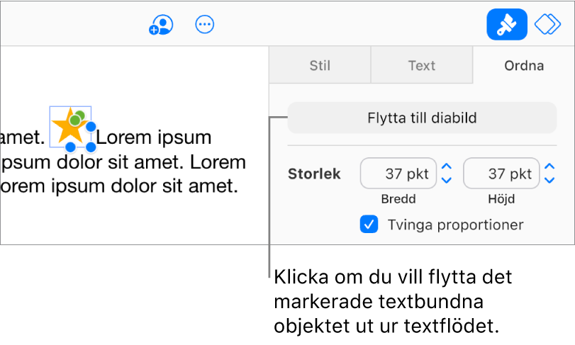 En textbunden bild inuti en textruta är vald och knappen Flytta till diabild på sidan är synlig på fliken Ordna i sidofältet.