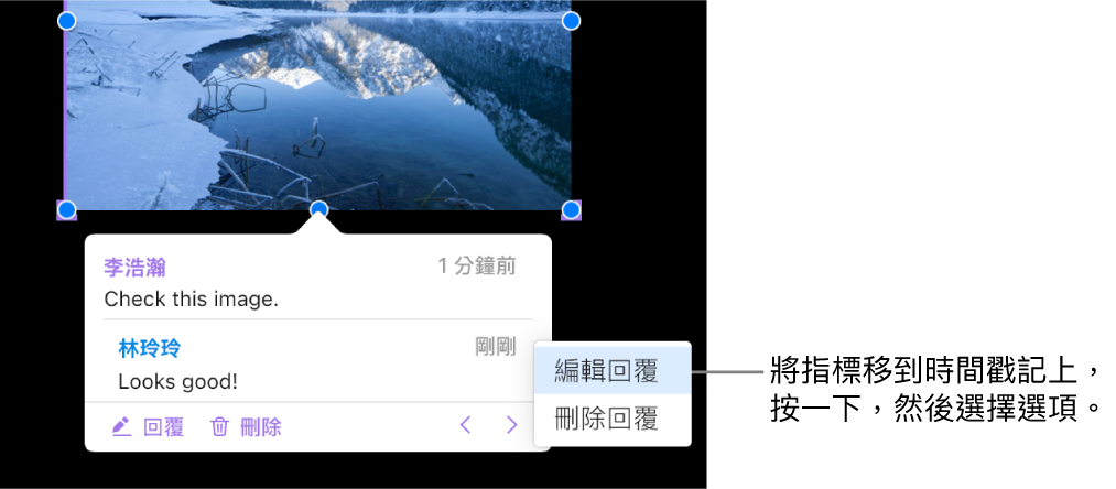 有一則回覆的註解,將指標移至時間戳記上以回覆;彈出式選單顯示兩個選項:「編輯回覆」和「刪除回覆」。