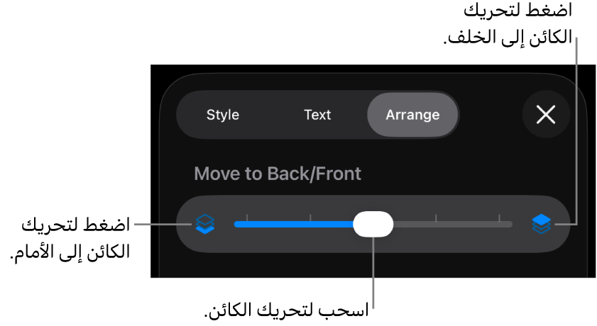 زر تحريك للخلف، وزر تحريك للأمام، وشريط تمرير الطبقة.