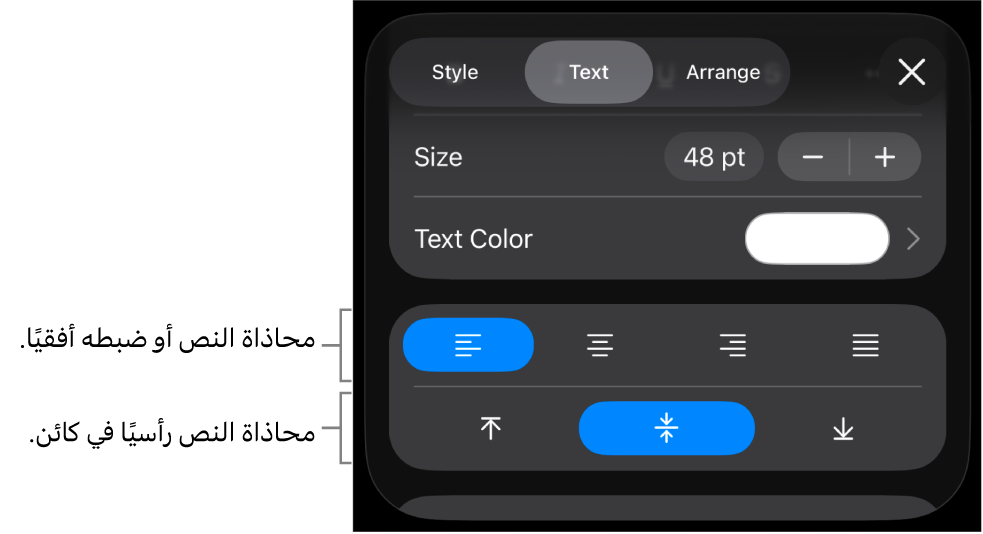 قسم المحاذاة في زر التنسيق مع وسائل شرح لأزرار محاذاة النص.