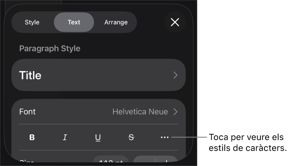 Els controls de Format amb estils de paràgraf a la part superior i, després, els controls de “Tipus de lletra”. A sota de “Tipus de lletra” hi ha els botons Negreta, Cursiva, Subratllat, Ratllat i “Més opcions de text”.