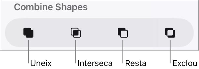 Els botons “Uneix”, “Interseca”, “Resta” i “Exclou”, sota “Combina les formes”.