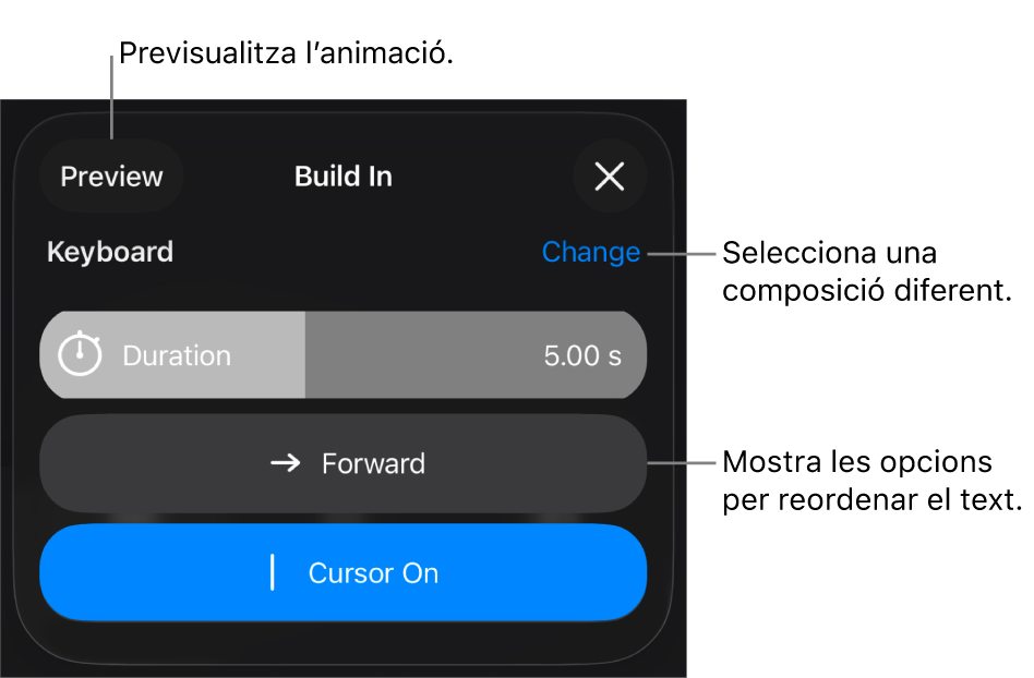 Les composicions d’entrada tenen les opcions “Durada”, “Animació de text” i “Presentació”. Toca “Canvia” per seleccionar una entrada diferent o “Previsualitza” per previsualitzar la composició.