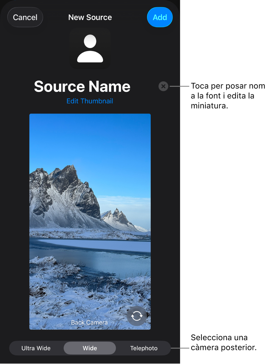 La finestra “Font nova”, amb controls per canviar el nom i la miniatura de la font a sobre d’una previsualització en directe de la càmera. Si l’iPhone té diverses càmeres posteriors, a la part inferior de la pantalla apareixeran botons per seleccionar-les.