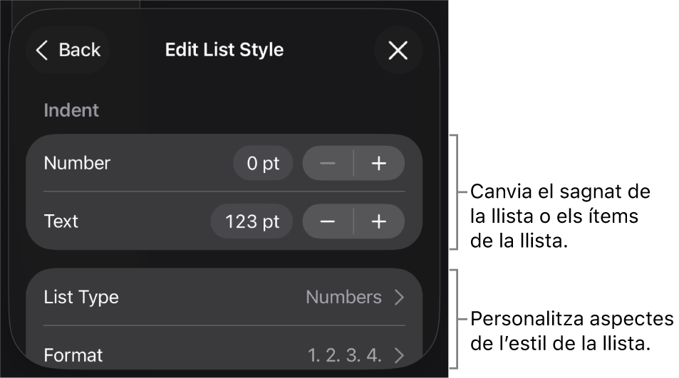 Menú “Edita l’estil de llista” amb controls per editar el tipus i l’aspecte de la llista.