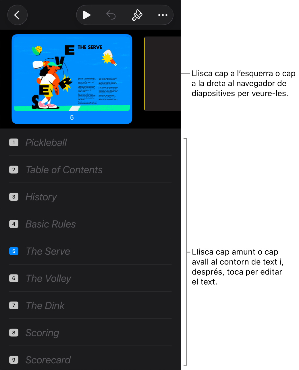 Visualització en esquema amb el navegador de diapositives horitzontal a la part superior de la pantalla i el contorn de text d’una presentació a la part inferior.