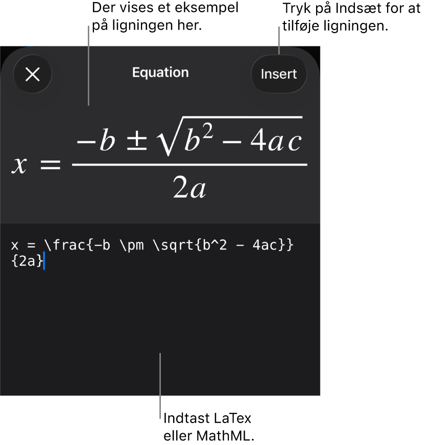 Dialogen Ligning, der viser den kvadratiske formel skrevet ved hjælp af MathML-kommandoer og derover et eksempel på formlen.