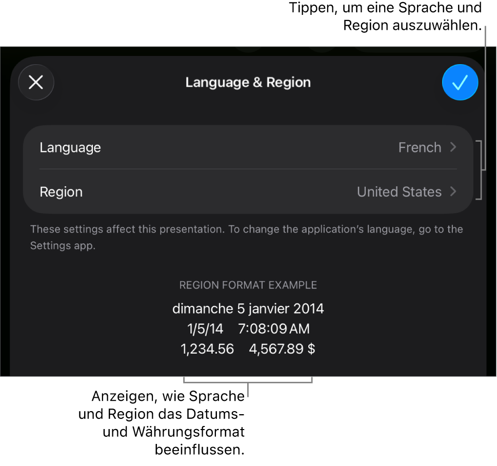 Das Fenster „Sprache & Region“ mit Einblendmenüs für Sprache und Region sowie einem Formatierungsbeispiel für Datum, Uhrzeit, Dezimalstellen und Währung.