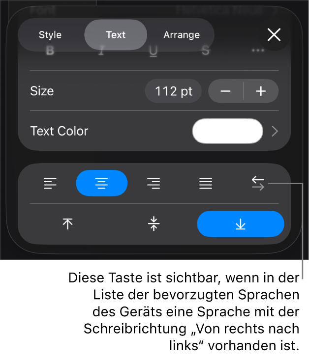 Die Textsteuerelemente im Menü „Format“ mit einer Beschreibung der Taste „Von rechts nach links“