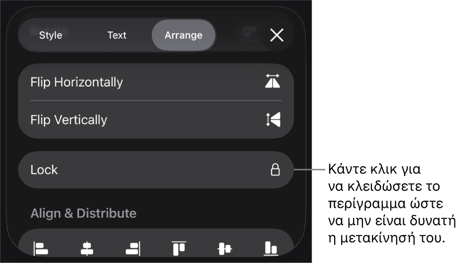 Τα στοιχεία ελέγχου «Διευθέτηση» στο μενού «Μορφή» με επεξήγηση για το κουμπί «Κλείδωμα».