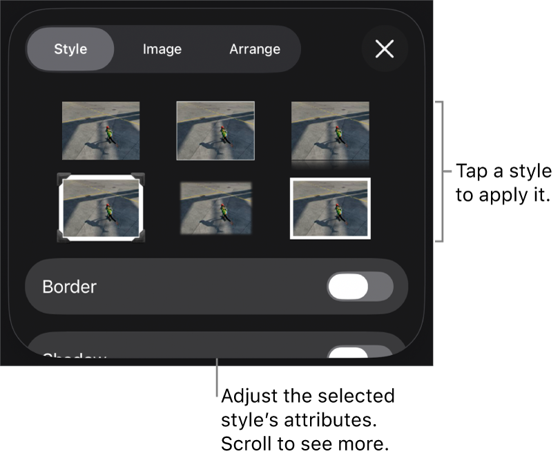 The Style tab of the Format menu with object styles at the top and a control below them to change the border.