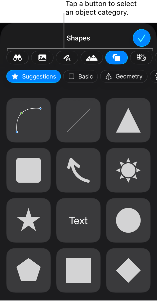 The controls for adding an object, with buttons at the top to select tables, graphs, shapes (including lines and text boxes), and media.