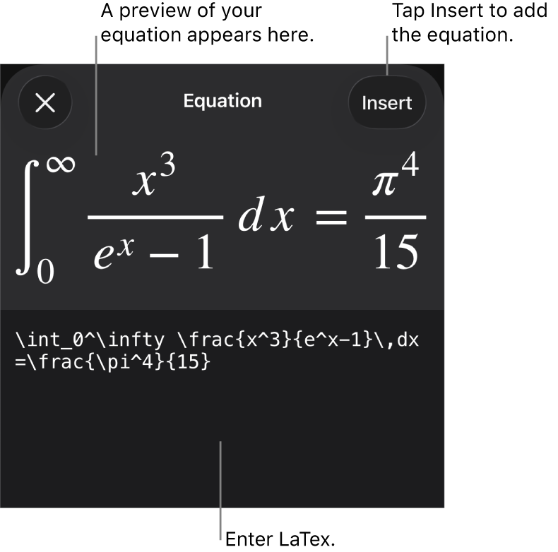 The Equation dialogue, showing an equation written using LaTex commands and a preview of the formula above.