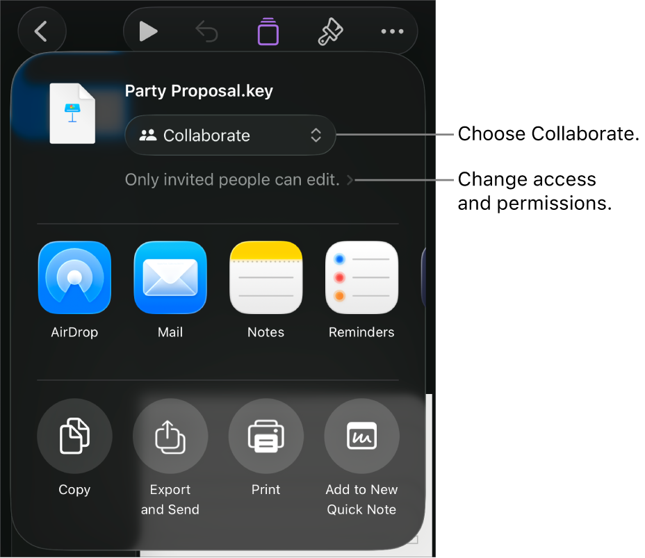 The Share menu with Collaborate selected at the top, and access and permission settings underneath.