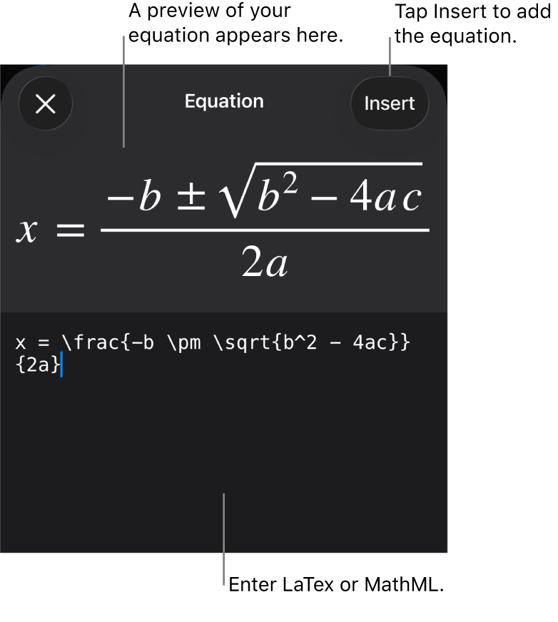 The Equation dialogue, showing an equation written using MathML commands, and a preview of the formula above.