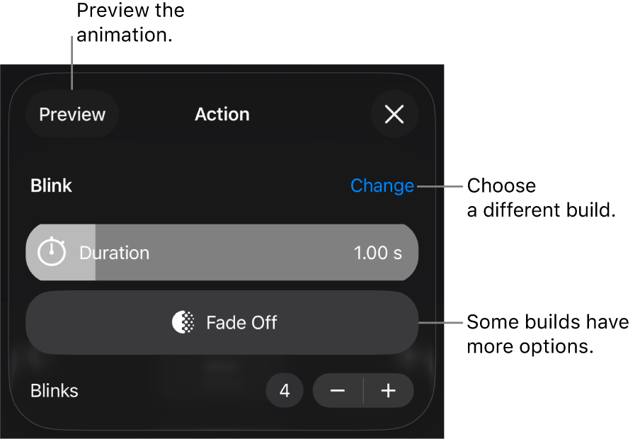 Build options include Duration and Start timing. Tap Change to choose a different build, or tap Preview to preview the build.