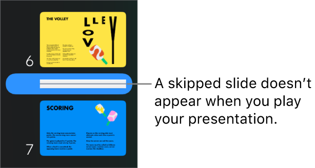 The slide navigator with a skipped slide showing as a horizontal line.