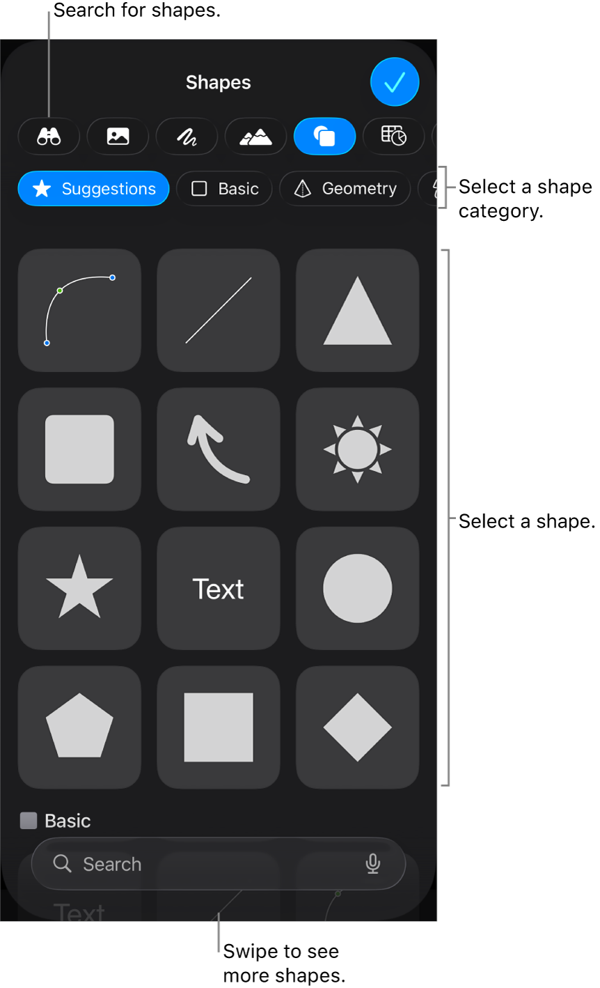 The shapes library, with categories at the top and shapes displayed below. You can use the search field at the top to find shapes and swipe to see more.