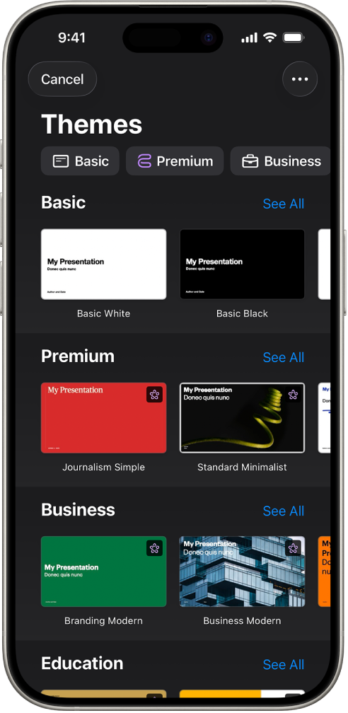 &nbsp;The theme chooser, showing a row of categories across the top that you can tap to filter the options. Below are thumbnails of pre-designed themes arranged in rows by category.