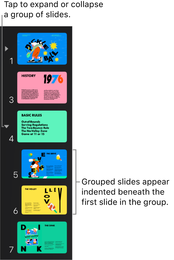 Slide navigator showing indented slides.