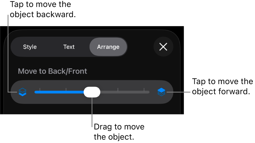 The Move Backward button, the Move Forward button, and the layering slider.