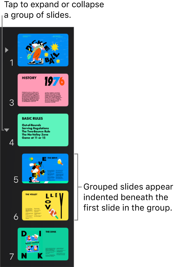 Slide navigator showing indented slides.