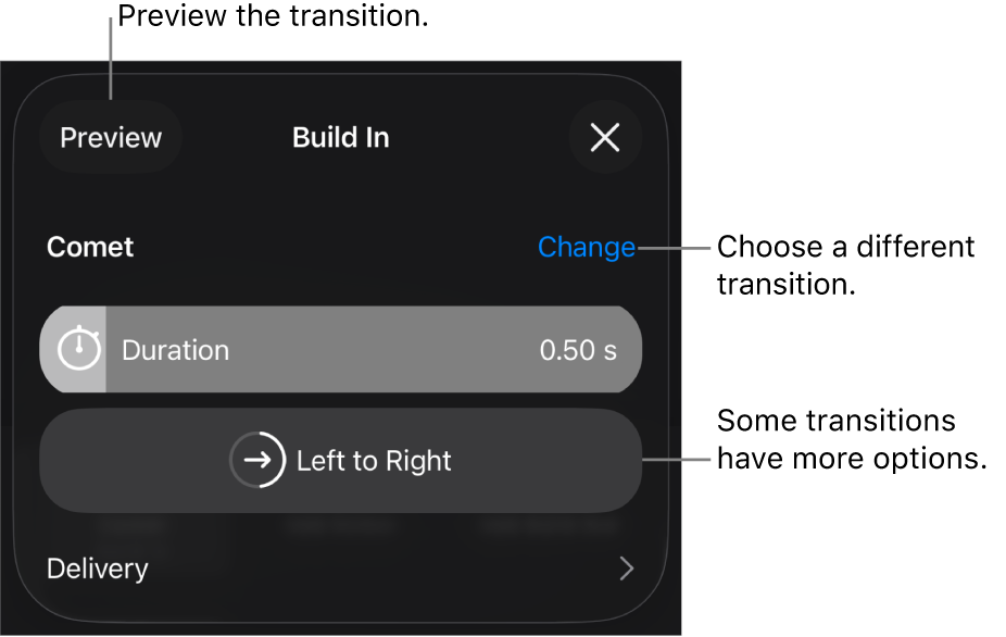 Controls in the Options pane for modifying a transition.