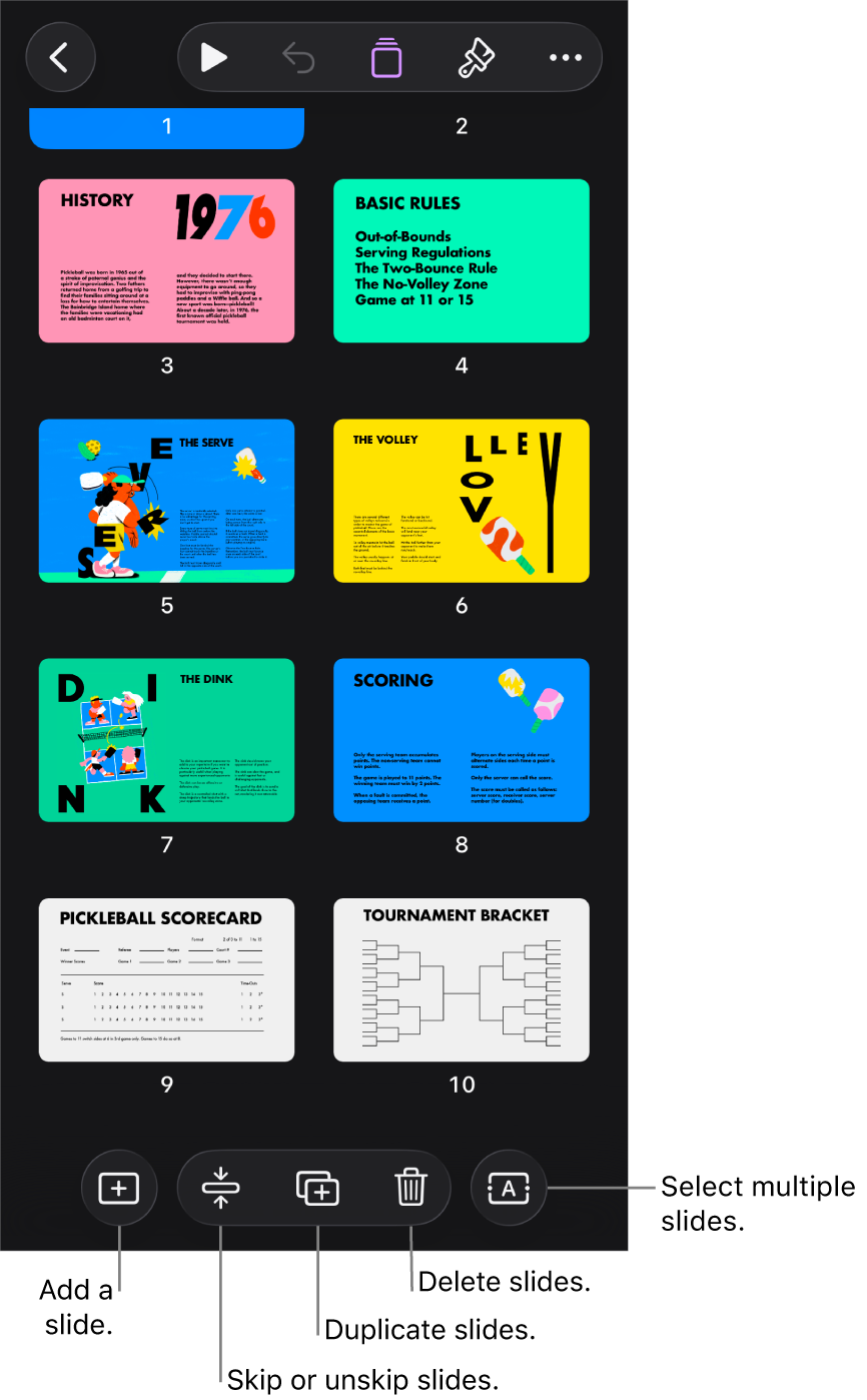 Light table view with buttons at the bottom of the screen for adding, skipping, duplicating, and deleting slides, and for selecting multiple slides.