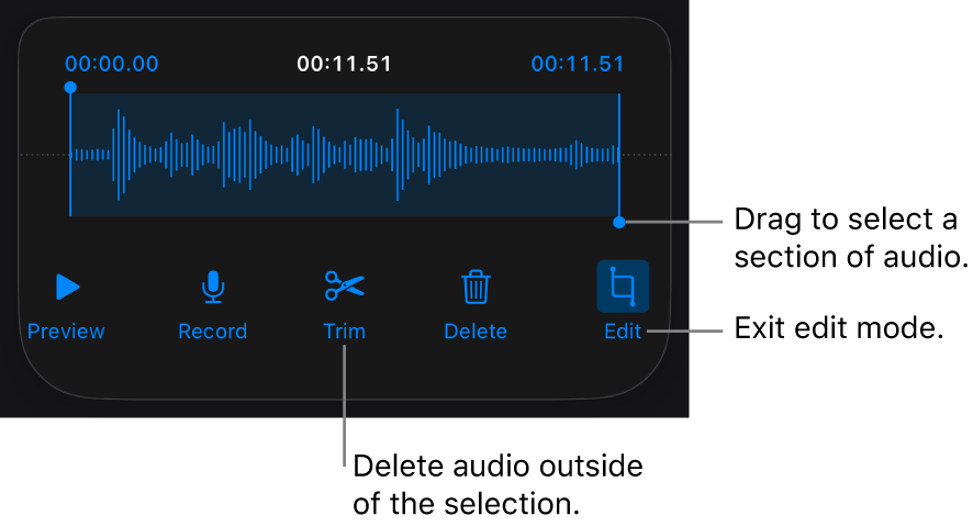 Controls for editing recorded audio. Handles indicate the selected section of the recording, and Preview, Record, Trim, Delete, and Edit Mode buttons are below.