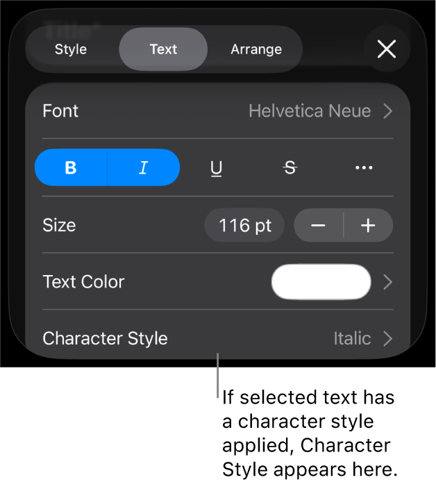 The Text formatting controls with Character Style below the Color controls. The character style None appears with an asterisk.