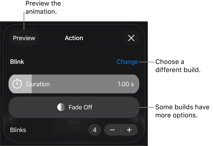 Build options include Duration and Start timing. Tap Change to choose a different build, or tap Preview to preview the build.