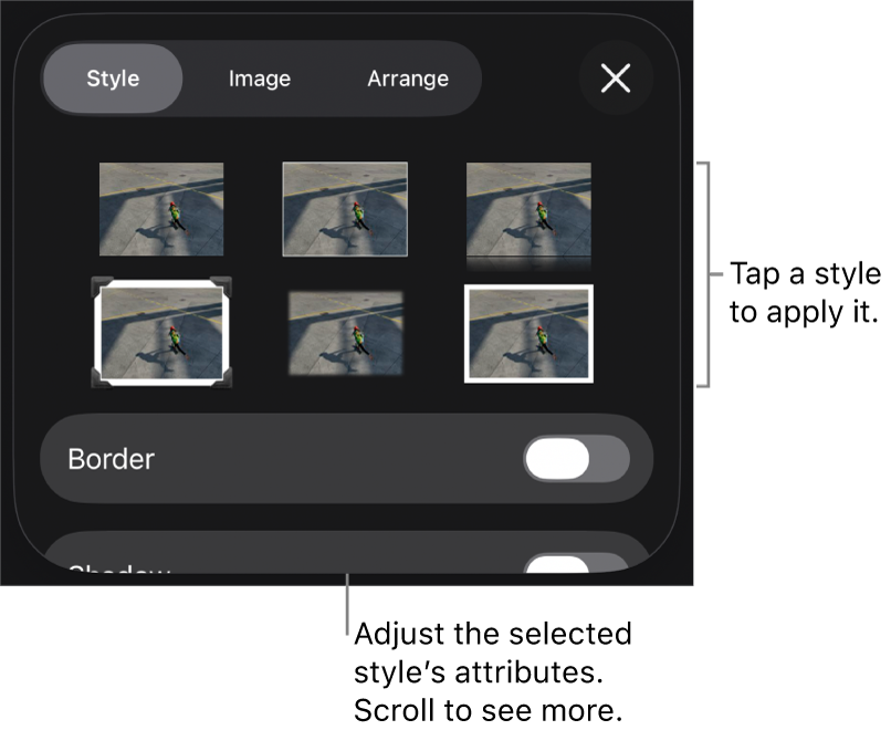 The Style tab of the Format menu with object styles at the top and a control below them to change the border.