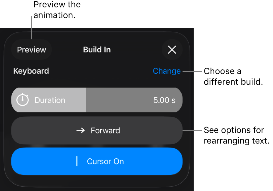 Build In options include Duration, Text Animation, and Delivery. Tap Change to choose a different build, or tap Preview to preview the build.