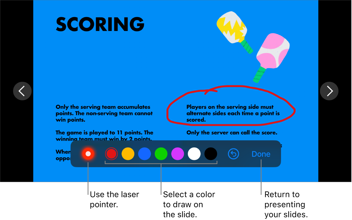 A slide in slide illustration mode showing the laser pointer and color selection controls.