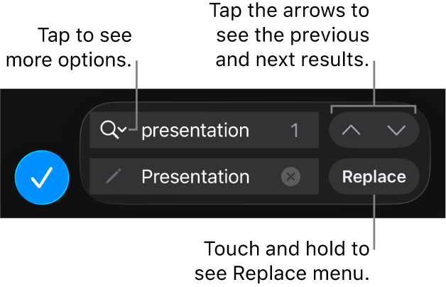 The Find & Replace controls above the keyboard with Replace, Go Up, and Go Down buttons, and an arrow to tap for Search Options.