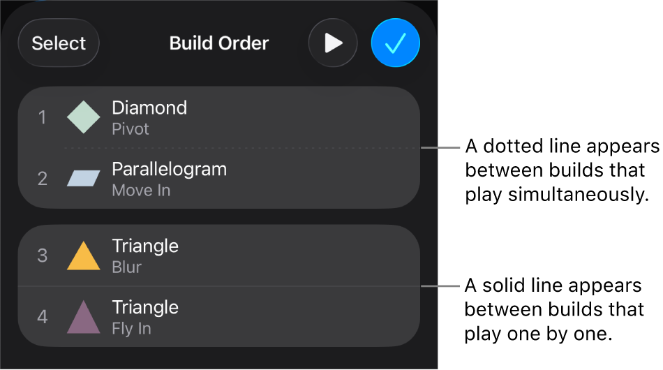 The Build Order menu, with a dotted line appearing between builds that play simultaneously and a solid line between builds that play one by one.